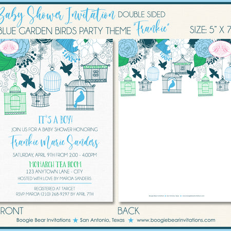 Bird Flower Garden Baby Shower Invitation Boy Blue Boogie Bear Invitations Frankie Theme Paperless Printable Printed