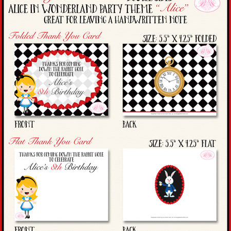 Alice In Wonderland Party Thank You Card Note Birthday Queen of Hearts Boogie Bear Invitations Alice Theme Printed