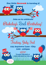 Load image into Gallery viewer, 4th of July Birthday Party Invitation Day Owls Boogie Bear Invitations Paperless Printable Printed Blakeley Theme