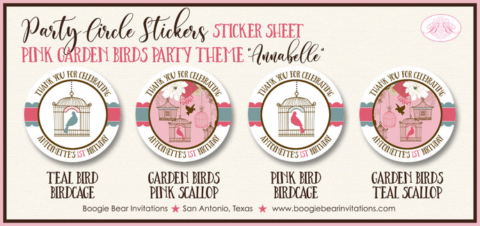 Pink Garden Birds Party Stickers Circle Sheet Round Birthday Girl Birdcage Boogie Bear Invitations Annabelle Theme