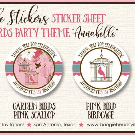 Pink Garden Birds Party Stickers Circle Sheet Round Birthday Girl Birdcage Boogie Bear Invitations Annabelle Theme