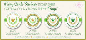 Royal Green Gold Crown Party Stickers Circle Sheet Birthday Boogie Bear Invitations Sage Theme