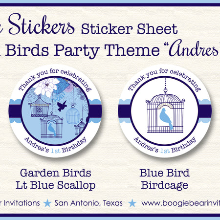 Blue Garden Birds Party Stickers Circle Sheet Round Birthday Boy Birdcage Boogie Bear Invitations Andres Theme