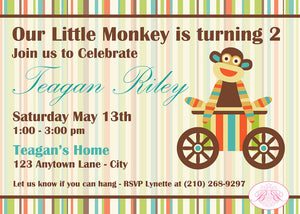 Sock Monkey Birthday Party Invitation Stripe Boogie Bear Invitations Teagan Theme Paperless Printable Printed