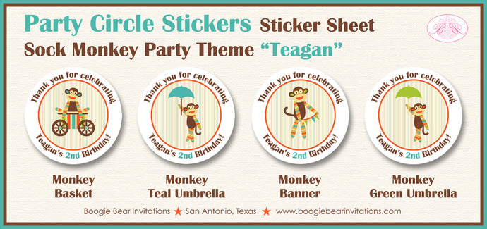 Sock Monkey Birthday Party Circle Stickers Sheet Round Girl Boy Boogie Bear Invitations Teagan Theme