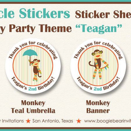 Sock Monkey Birthday Party Circle Stickers Sheet Round Girl Boy Boogie Bear Invitations Teagan Theme