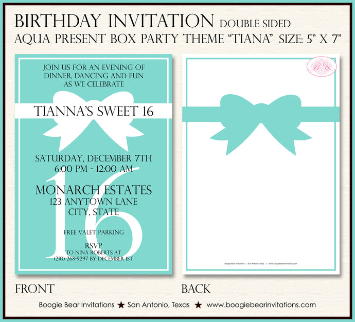 Aqua Blue Present Box Birthday Party Invitation Black Formal Boogie Bear Invitations Tiana Theme Paperless Printable Printed