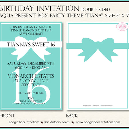 Aqua Blue Present Box Birthday Party Invitation Black Formal Boogie Bear Invitations Tiana Theme Paperless Printable Printed