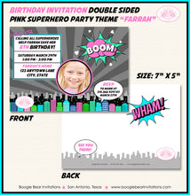 Load image into Gallery viewer, Pink Superhero Photo Party Invitation Birthday Girl Super Skyline City Boogie Bear Invitations Farrah Theme Paperless Printable Printed