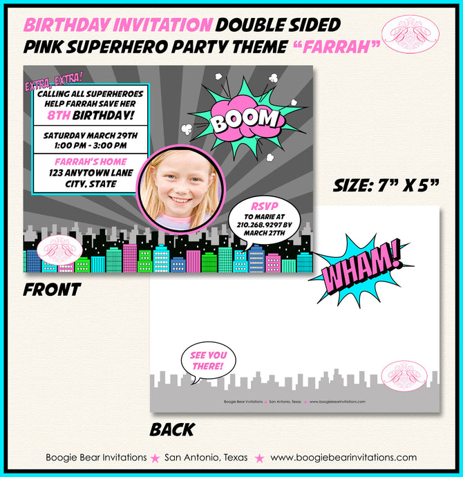 Pink Superhero Photo Party Invitation Birthday Girl Super Skyline City Boogie Bear Invitations Farrah Theme Paperless Printable Printed