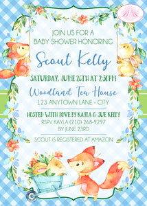 Woodland Bunny Fox Baby Shower Invitation Blue Garden Boogie Bear Invitations Scout Theme Paperless Printable Printed