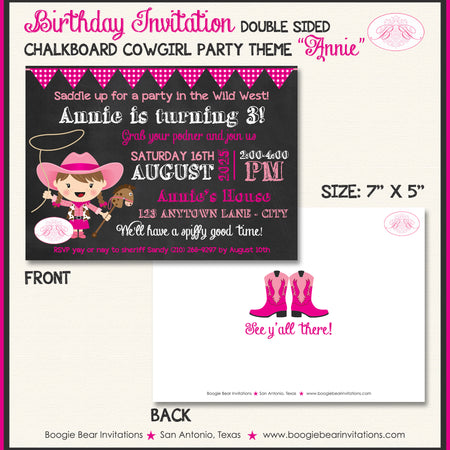 Chalkboard Pink Cowgirl Party Invitation Birthday Girl Horse Hat Boots Farm Boogie Bear Invitations Annie Theme Paperless Printable Printed