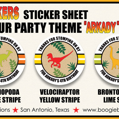 Dinosaur Birthday Party Stickers Circle Sheet Round Boy Girl Boogie Bear Invitations Arkady Theme