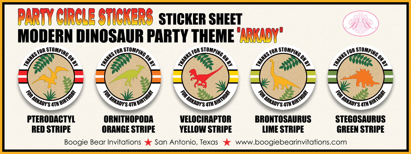Dinosaur Birthday Party Stickers Circle Sheet Round Boy Girl Boogie Bear Invitations Arkady Theme