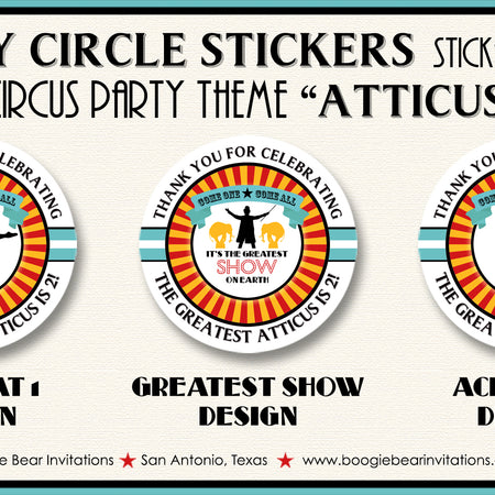 Circus Showman Birthday Party Stickers Circle Sheet Round 3 Ring Big Top Animals Boogie Bear Invitations Atticus Theme