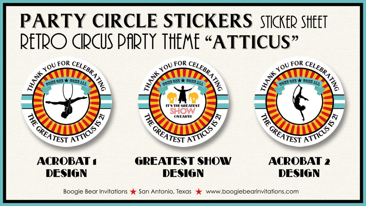 Circus Showman Birthday Party Stickers Circle Sheet Round 3 Ring Big Top Animals Boogie Bear Invitations Atticus Theme