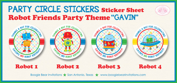 Robot Birthday Party Stickers Circle Sheet Boy Girl Boogie Bear Invitations Gavin Theme