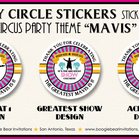 Circus Showman Birthday Party Stickers Circle Sheet Round Big Top Animals Boogie Bear Invitations Mavis Theme