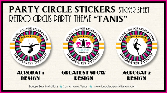 Circus Showman Birthday Party Stickers Circle Sheet Round Pink Girl Boogie Bear Invitations Tanis Theme