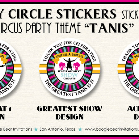 Circus Showman Birthday Party Stickers Circle Sheet Round Pink Girl Boogie Bear Invitations Tanis Theme