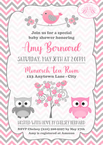 Pink Owls Baby Shower Invitation Girl Birds Woodland Boogie Bear Invitations Amy Theme Paperless Printable Printed