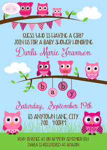 Pink Owl Girl Baby Shower Invitation Woodland Forest Boogie Bear Invitations Darla Theme Paperless Printable Printed