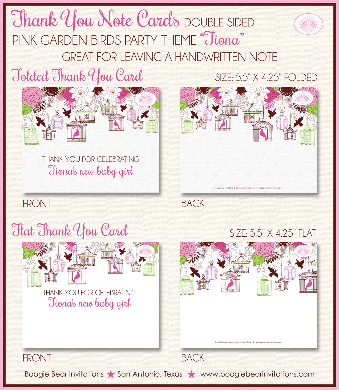 Pink Bird Flower Garden Party Thank You Card Baby Shower Birdcage Girl Boogie Bear Invitations Fiona Theme