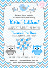 Load image into Gallery viewer, Blue Grey Owl Baby Shower Invitation Boy Birds Party Boogie Bear Invitations Robin Theme Paperless Printable Printed
