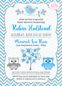 Blue Grey Owl Baby Shower Invitation Boy Birds Party Boogie Bear Invitations Robin Theme Paperless Printable Printed