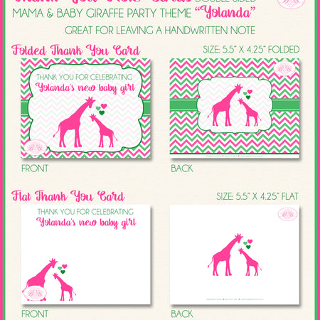 Pink Green Giraffe Thank You Card Baby Shower Girl Boogie Bear Invitations Yolanda Theme Printed