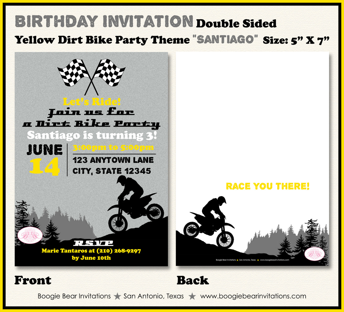 Dirt Bike Birthday Party Invitation Yellow Black Boogie Bear Invitations Santiago Theme Printed