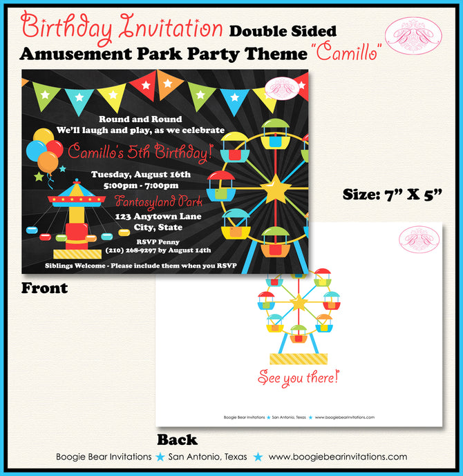 Amusement Park Birthday Party Invitation Red Boogie Bear Invitations Camillo Theme Paperless Printable Printed
