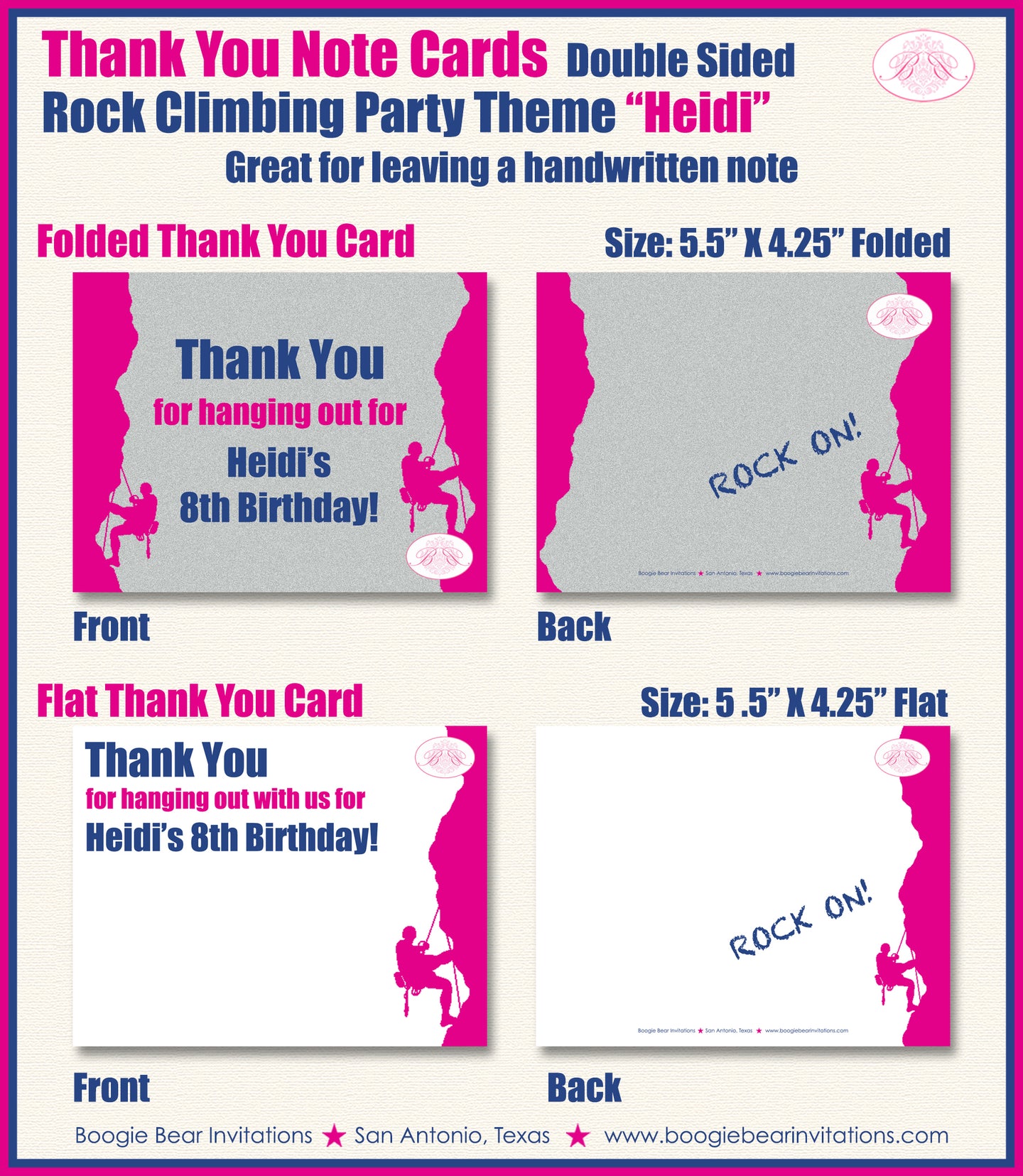 Pink Rock Climbing Birthday Party Thank You Card Girl Boogie Bear Invitations Heidi Theme