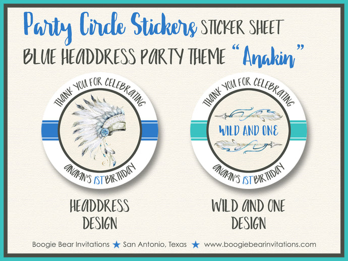 Blue Headdress Birthday Party Stickers Circle Sheet Round Boy Arrow Boogie Bear Invitations Anakin Theme