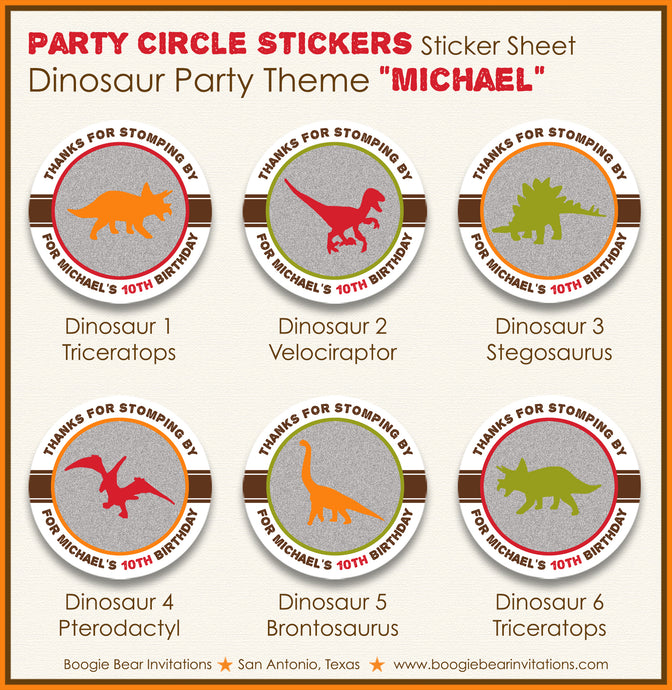 Dinosaur Birthday Party Stickers Circle Sheet Round Modern Boogie Bear Invitations Michael Theme