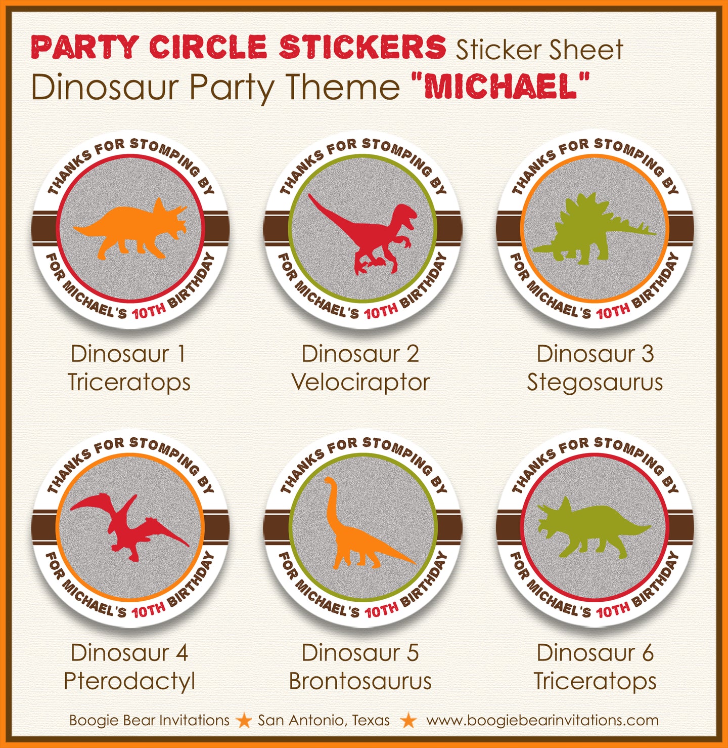 Dinosaur Birthday Party Stickers Circle Sheet Round Modern Boogie Bear Invitations Michael Theme