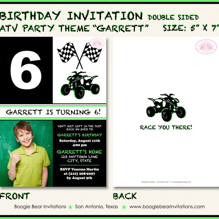 Green ATV Photo Birthday Party Invitation 4 Wheeler Boogie Bear Invitations Garrett Theme Paperless Printable Printed