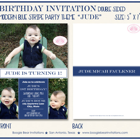 Modern Blue Stripes Photo Party Invitation Birthday Boy Boogie Bear Invitations Jude Theme Paperless Printable Printed