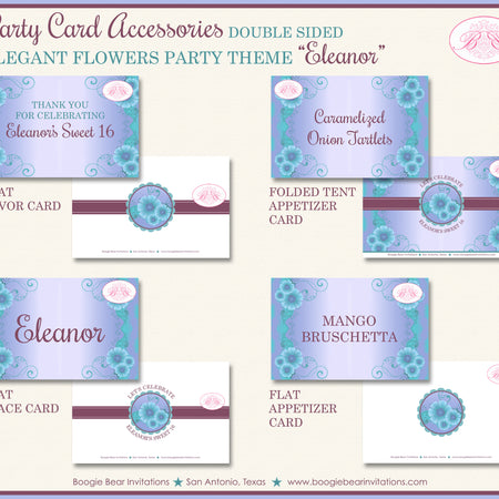 Elegant Flowers Birthday Favor Party Card Tent Appetizer Place Sign Label Tag Girl Purple Boogie Bear Invitations Eleanor Theme