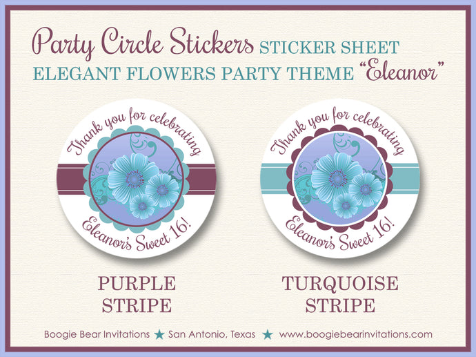 Elegant Flowers Birthday Party Stickers Circle Sheet Round Girl Purple Boogie Bear Invitations Eleanor Theme