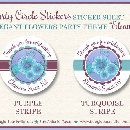 Elegant Flowers Birthday Party Stickers Circle Sheet Round Girl Purple Boogie Bear Invitations Eleanor Theme