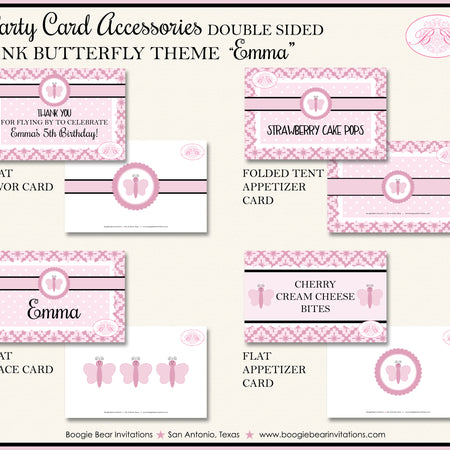 Pink Butterfly Garden Party Favor Card Tent Place Food Tag Girl Boogie Bear Invitations Emma Theme