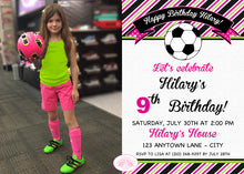 Load image into Gallery viewer, Soccer Birthday Party Invitation Photo Girl Pink Green Boogie Bear Invitations Hilary Theme Paperless Printable Printed