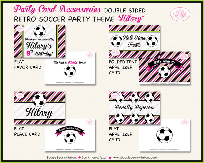 Pink Soccer Birthday Party Favor Card Appetizer Food Place Sign Label Girl Green Boogie Bear Invitations Hilary Theme