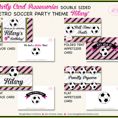 Pink Soccer Birthday Party Favor Card Appetizer Food Place Sign Label Girl Green Boogie Bear Invitations Hilary Theme