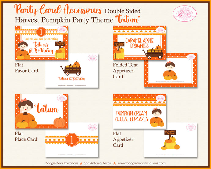 Pumpkin Harvest Birthday Favor Party Card Tent Place Tag Food Sign Appetizer Label Fall Autumn Boogie Bear Invitations Tatum Theme