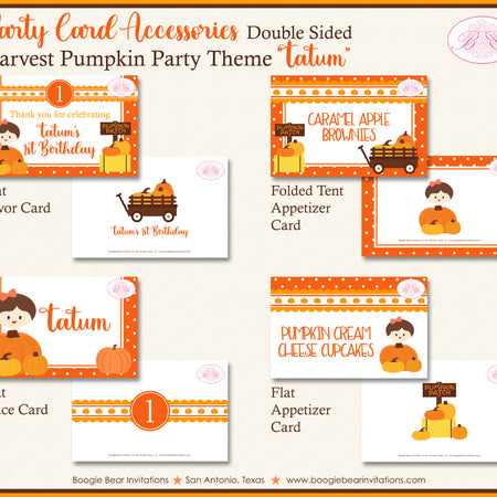 Pumpkin Harvest Birthday Favor Party Card Tent Place Tag Food Sign Appetizer Label Fall Autumn Boogie Bear Invitations Tatum Theme