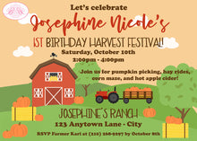 Load image into Gallery viewer, Autumn Farm Pumpkin Birthday Party Invitation Fall Harvest Boogie Bear Invitations Josephine Theme Paperless Printable Printed