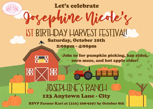 Autumn Farm Pumpkin Birthday Party Invitation Fall Harvest Boogie Bear Invitations Josephine Theme Paperless Printable Printed