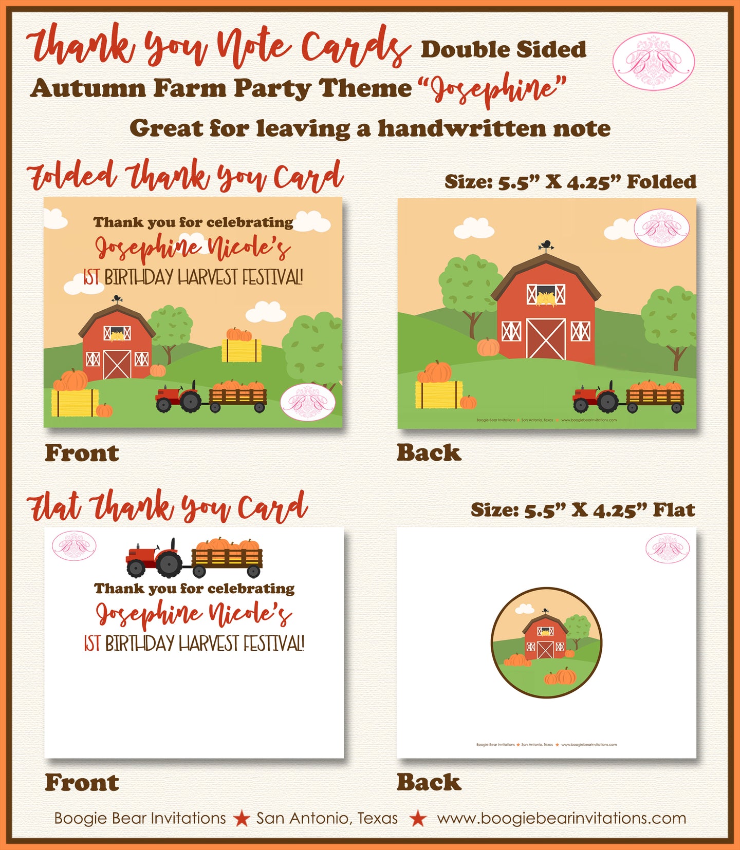 Autumn Farm Party Thank You Card Birthday Fall Harvest Boogie Bear Invitations Josephine Theme Printed